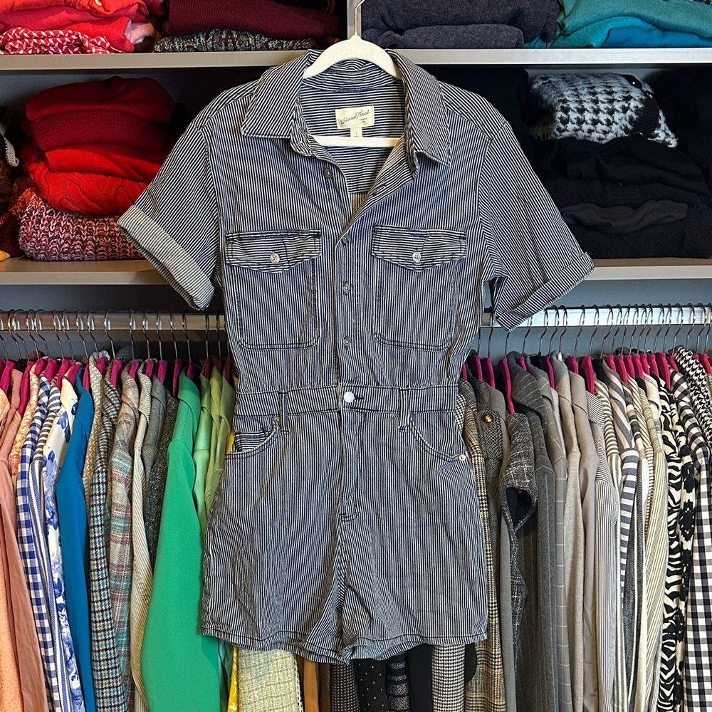Universal Thread navy/white striped short sleeve 5 pocket jean romper size 2